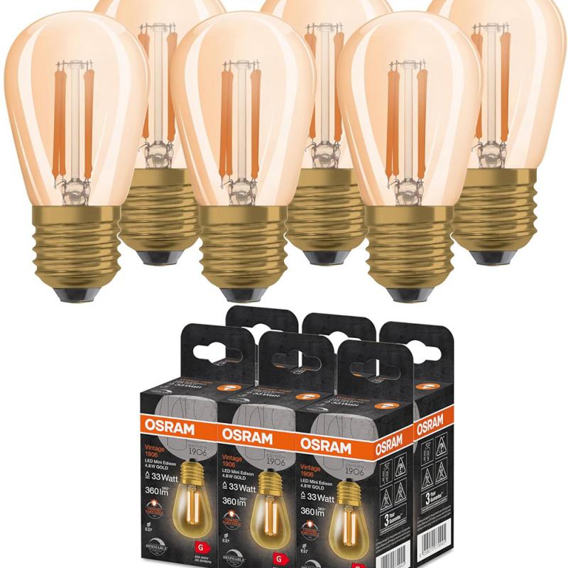 6-Pack OSRAM E27 VINTAGE Mini EDISON LED Glühlampe in GOLD dimmbar 4,8W wie 33W extra warmweißes gemütliches Licht 2200K
