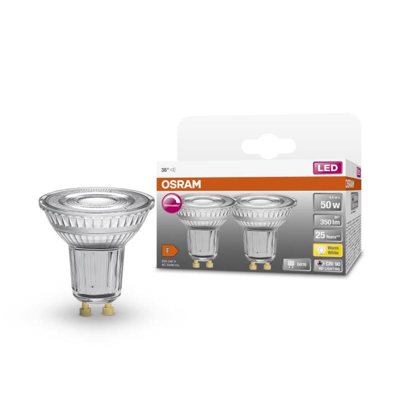 2x OSRAM GU10 LED Superstar PAR16 Strahler 4,5W=50W 36°-Abstrahlwinkel 2700K warmweißes Licht GLAS, EEK: F (Spektrum: A bis G)
