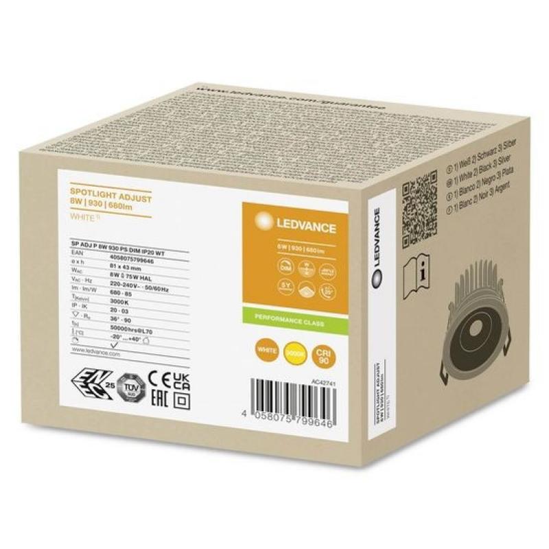 LEDVANCE SPOT ADJUST 8W 930 DIM IP20 Weiß 4058075799646 LED Einbauleuchte 3000K CRI90 schwenkbar - Einbaudurchmesser: 68 mm