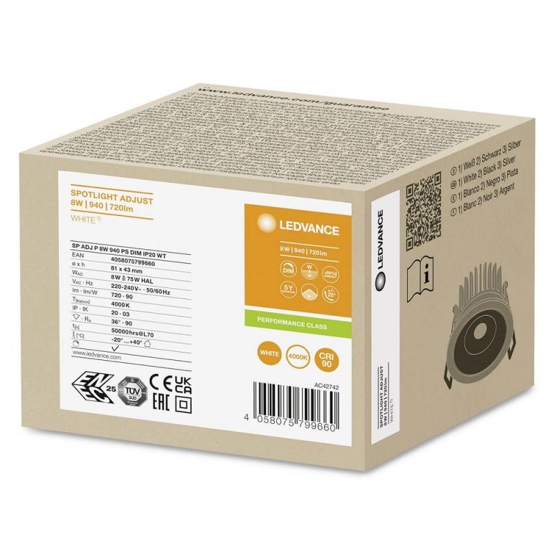 LEDVANCE SPOT ADJUST 8W 940 DIM IP20 Weiß LED Einbauleuchte 4000K CRI90 schwenkbar dimmbar - Einbaudurchmesser: 68 mm