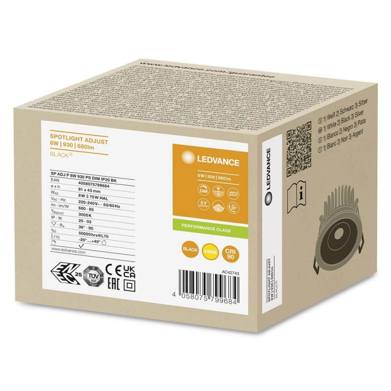 LED Einbaustrahler 8W 3000K Schwarz Ø81mm dimmbar IP20 680lm CRI90 Deckeneinbauleuchte- Einbaudurchmesser: 68 mm