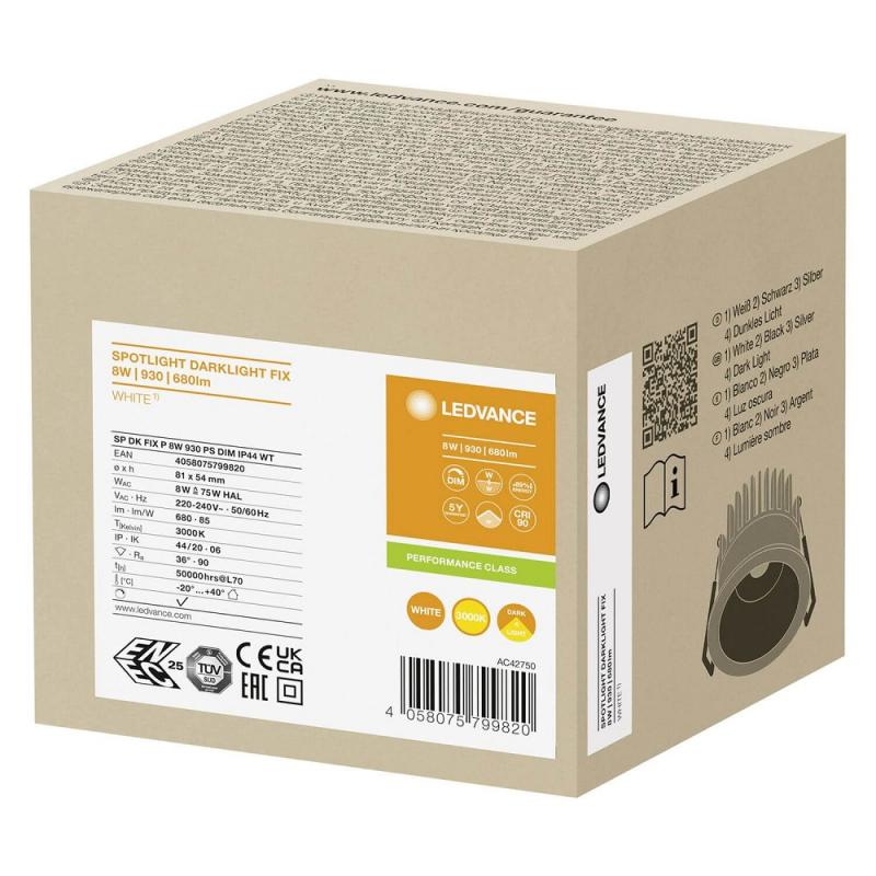LEDVANCE SPOT DARKLIGHT 8W 930 DIM IP44 Weiß LED Einbauleuchte CRI90 3000K dimmbar - Einbaudurchmesser: 68 mm