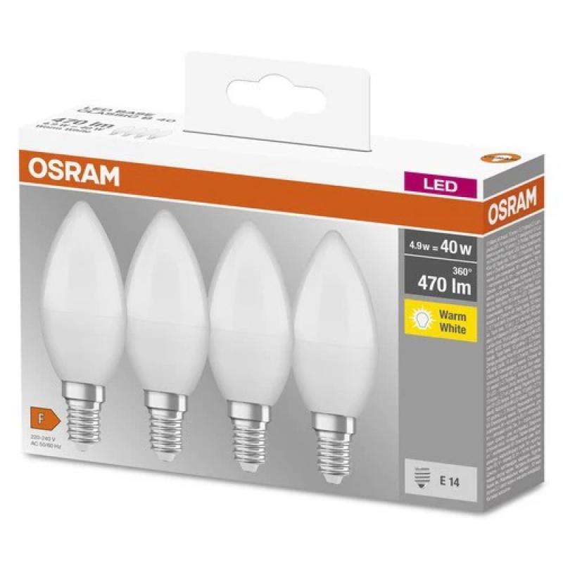 4er-PACK OSRAM LED E14 Leuchtmittel in Kerzenform MATT 4,9W wie 40W warmweisses Licht