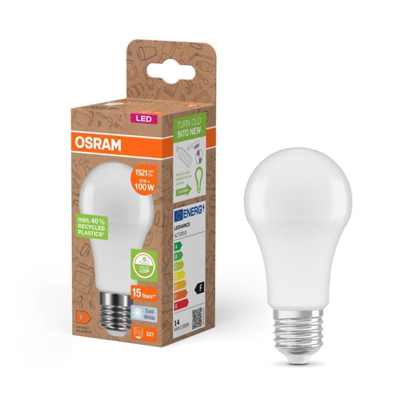 Osram E27 LED Lampe Star Classic A 100 Recycled Plastic 14W wie 100W - weiß mattierte Glühbirne - neutralweiß, EEK: F (Spektrum: A bis G)