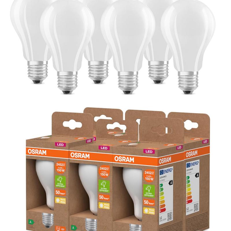 6er OSRAM E27 besonders effiziente LED Lampen Frosted 11,6W wie 150W 2700K warmweißes Licht - Energie Effizienz Klasse A