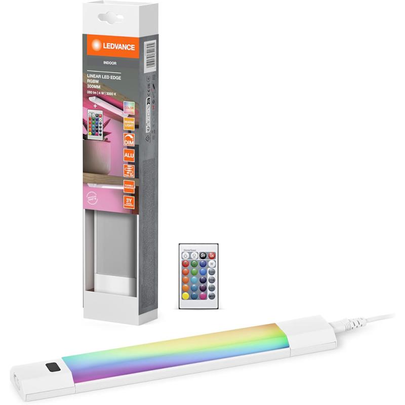 30cm LEDVANCE Linear Edge Sensor Unterbauleuchte RGBW, dimmbar, 4 W, 3000 K, warmweiß, weißes Aluminium, IP20, mit Fernbedienung