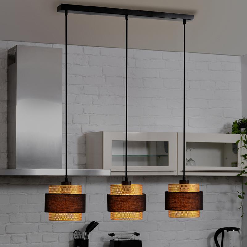 Osram Decor 3-flammige Hornet Pendelleuchte in Schwarz / Gold mit E27 Fassungen - gelungene Symbiose aus Stahl und Polyester-Baumwolle