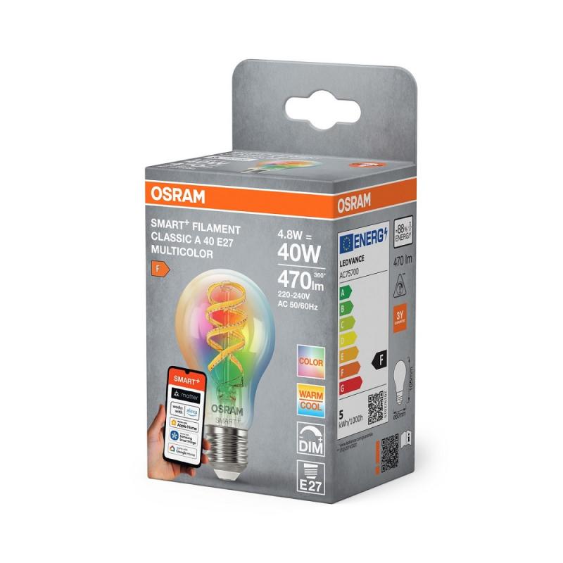 Osram E27 SMART+ MATTER Lampe A60 4,8W wie 40W Multicolor - dimmbar, steuerbar mit App oder Sprachassistent, Matter kompatibel