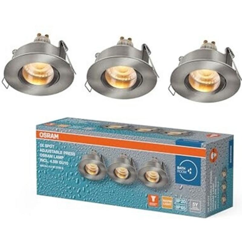 3er Set OSRAM LED Spot Recess GU10 IP65 Press 4.5W 827 Satin Nickel Einbaustrahler IP65 - Einbaudurchmesser 68mm, Einbautiefe 115mm