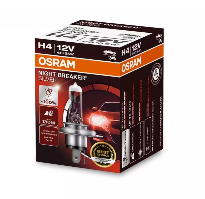 2er Pack OSRAM P43t NIGHT BREAKER SILVER H4 Scheinwerferlampe mit Leuchtweite von bis zu 130 m