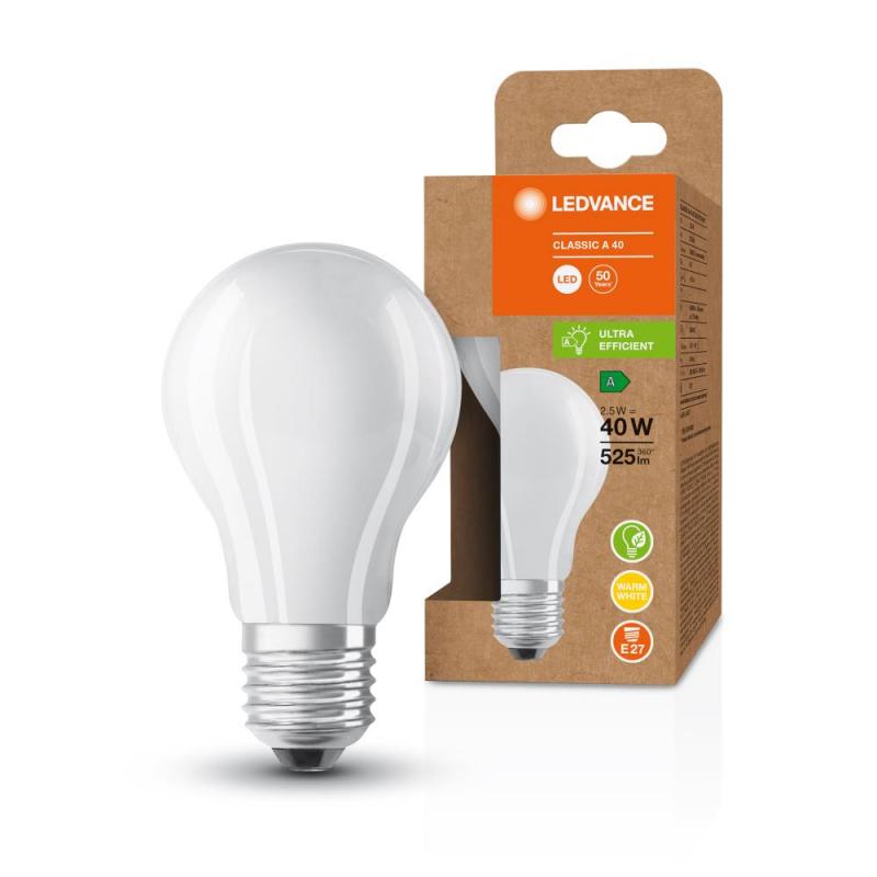 Ledvance E27 Besonders effiziente LED Lampe Classic matt 2,5W wie 40W 3000K warmweißes Licht für die Wohnung, EEK: A (Spektrum: A bis G)
