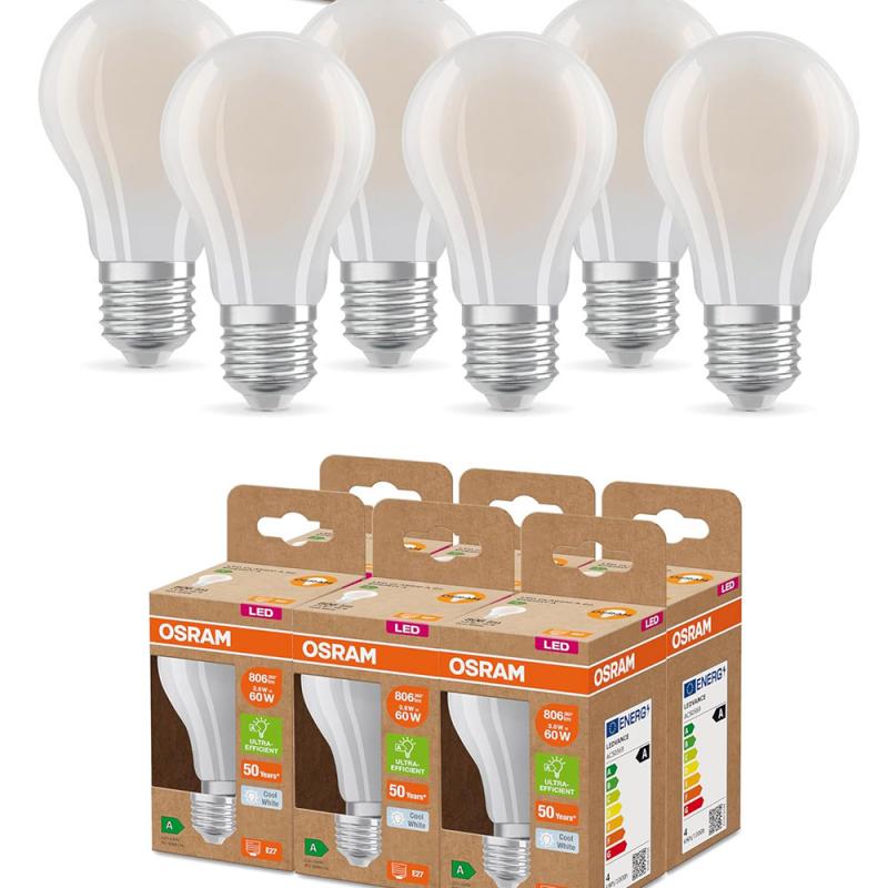 6er OSRAM E27 LED Leuchtmittel leistungsstark & besonders effizient matt 3,8W wie 60W 3000K warmweißes Licht - beste Energie Effizienz Klasse