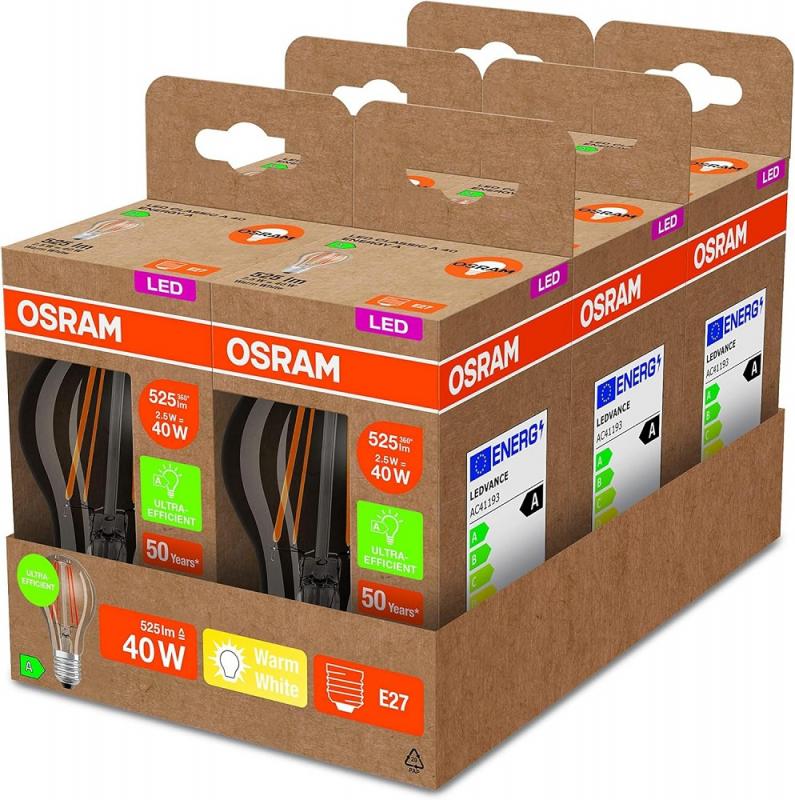 6er Set OSRAM E27 besonders effizientes LED Leuchtmittel leistungsstark 2,5W wie 40W 3000K warmweißes Licht - beste Energie Effizienz Klasse