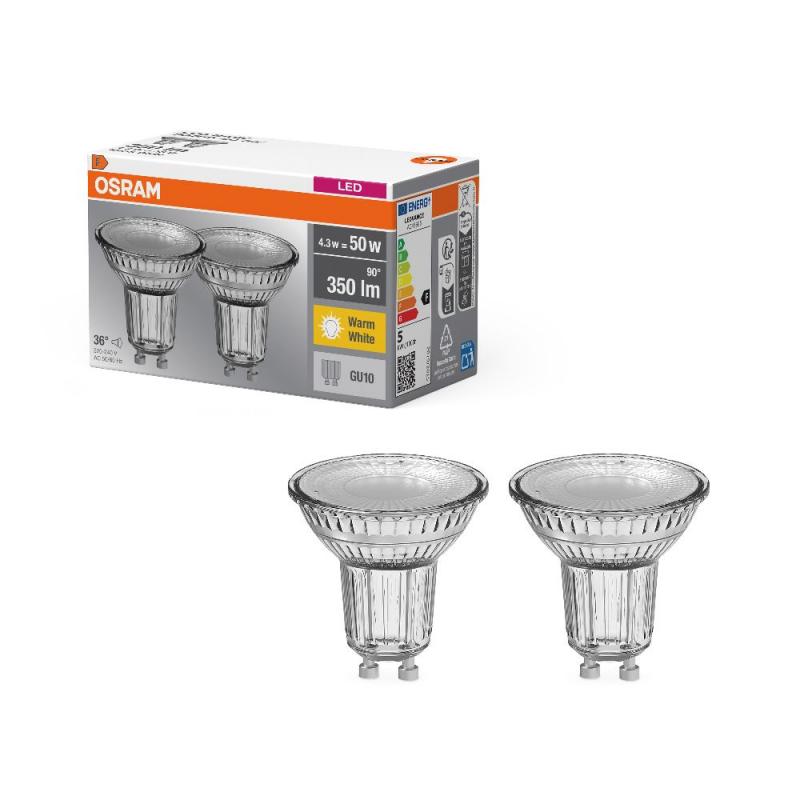 2x OSRAM GU10 LED BASE PAR16 Strahler 4,3W=50W 36°-Abstrahlwinkel warmweißes Licht GLAS, EEK: F (Spektrum: A bis G)