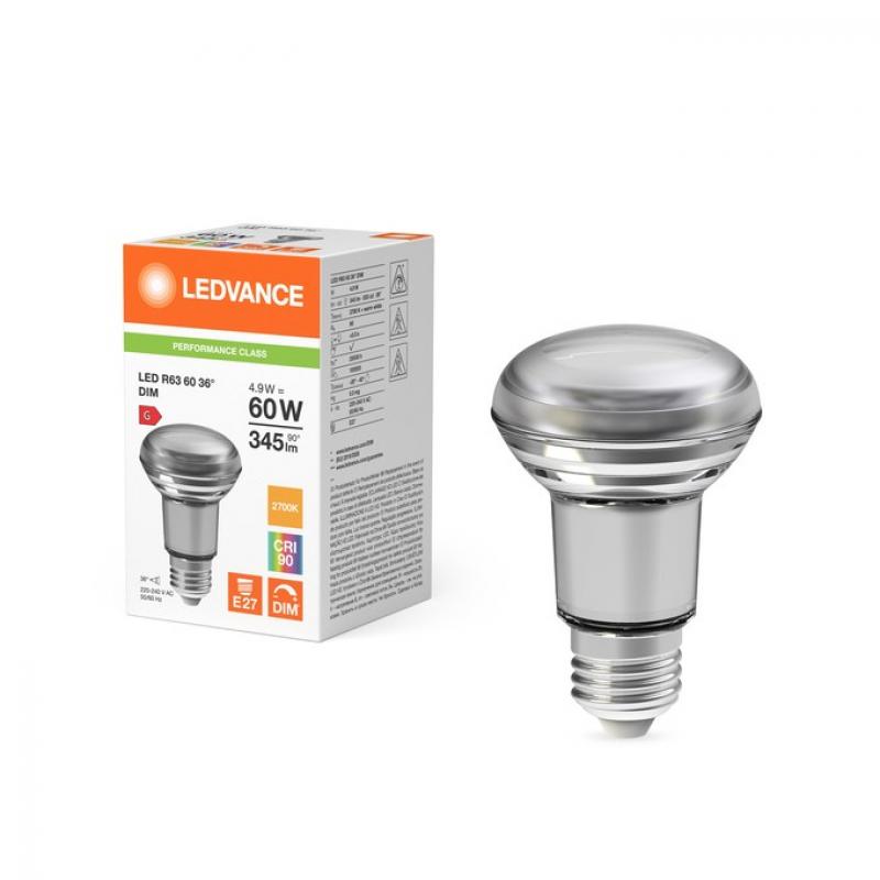 Ledvance E27 R63 Reflektorlampe 36° 4,9W wie 60W dimmbarer Strahler mit warmweißem Licht 2700K hohe Farbwiedergabe 90Ra
