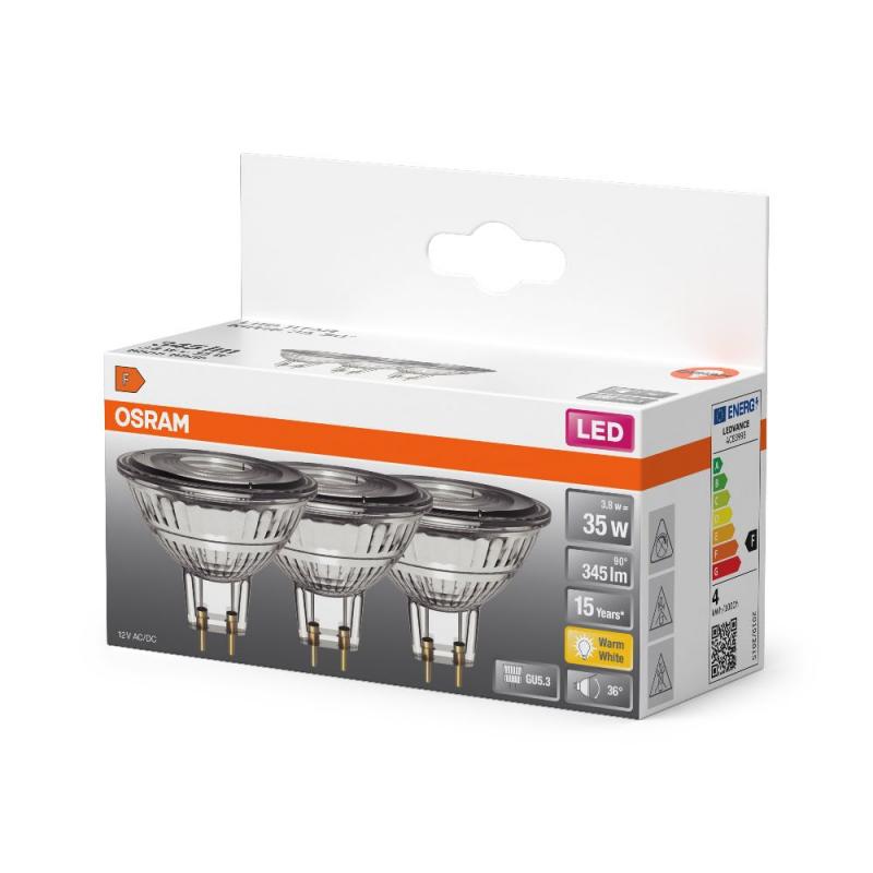 3er Pack OSRAM GU5.3 LED MR 16 Strahler 3,8W wie 35W 36°-Abstrahlwinkel 2700K warmweißes Licht 12V