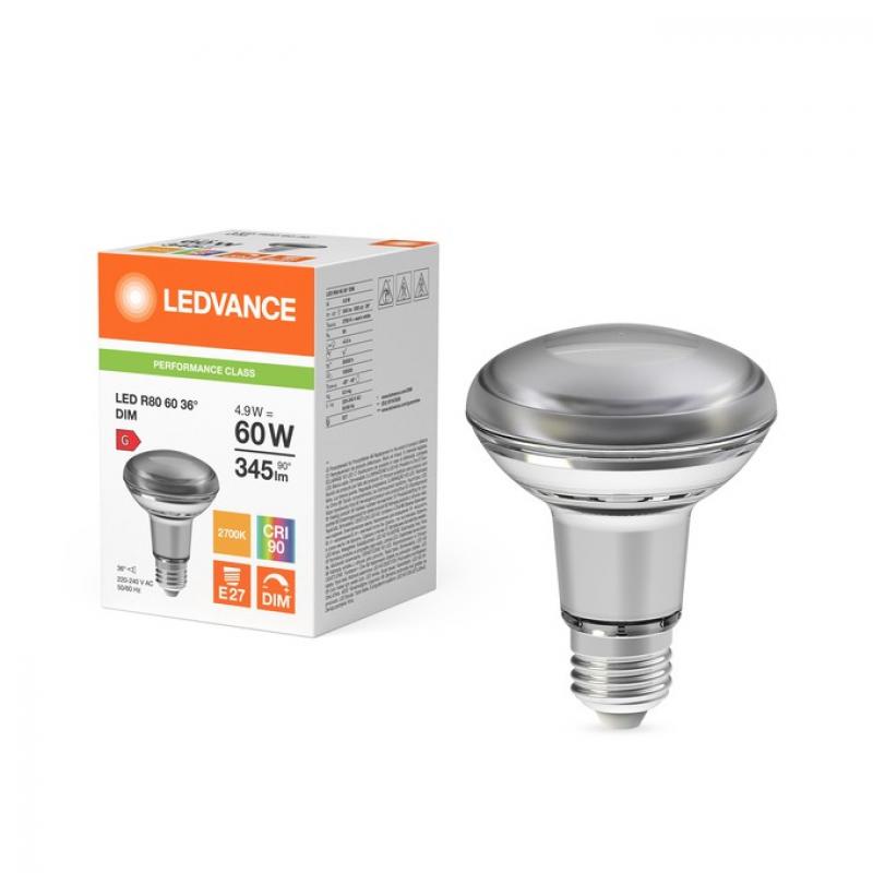 Ledvance E27 R80 Reflektorlampe 36° 4,8W wie 60W dimmbarer Strahler mit warmweißem Licht 2700K hohe Farbwiedergabe