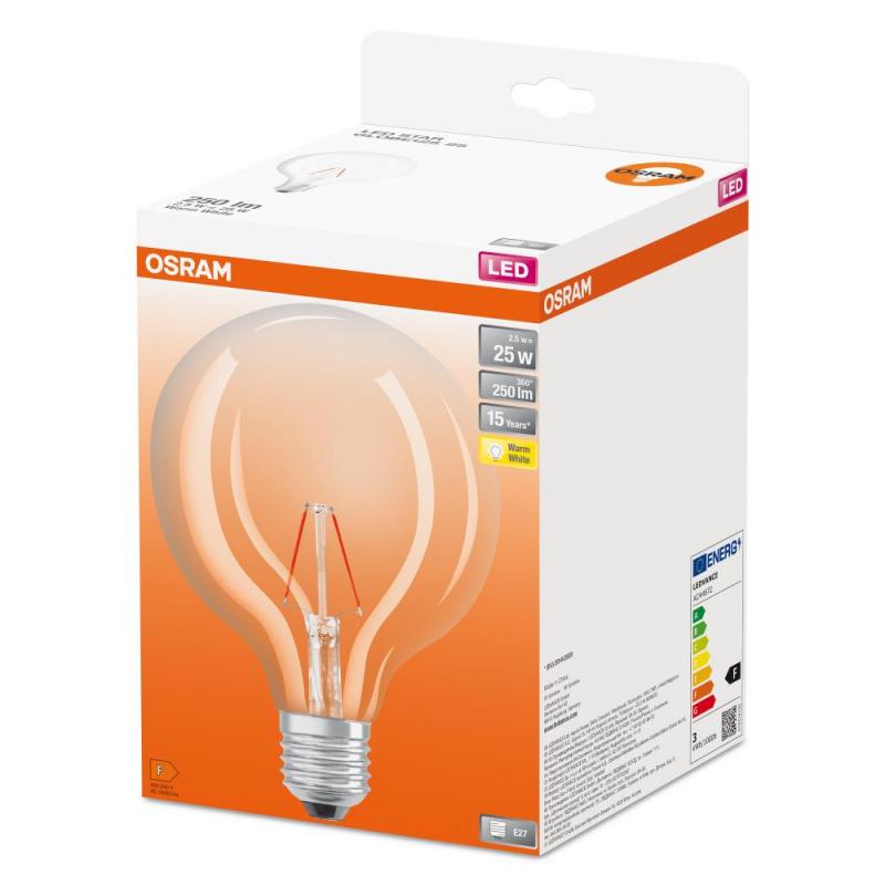 Nur noch angezeigter Bestand verfügbar:  Osram E27 LED STAR RETROFIT GLOBE125 Filament-Kugellampe 2,5W wie 25W warmweiß 2700K