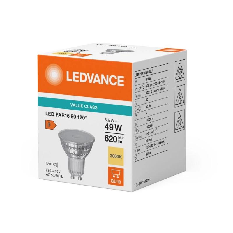 Ledvance GU10 PAR16 LED Spot 120° 6,9W wie 49W 3000K warmweißes Licht Value Class breiter Lichtkegel