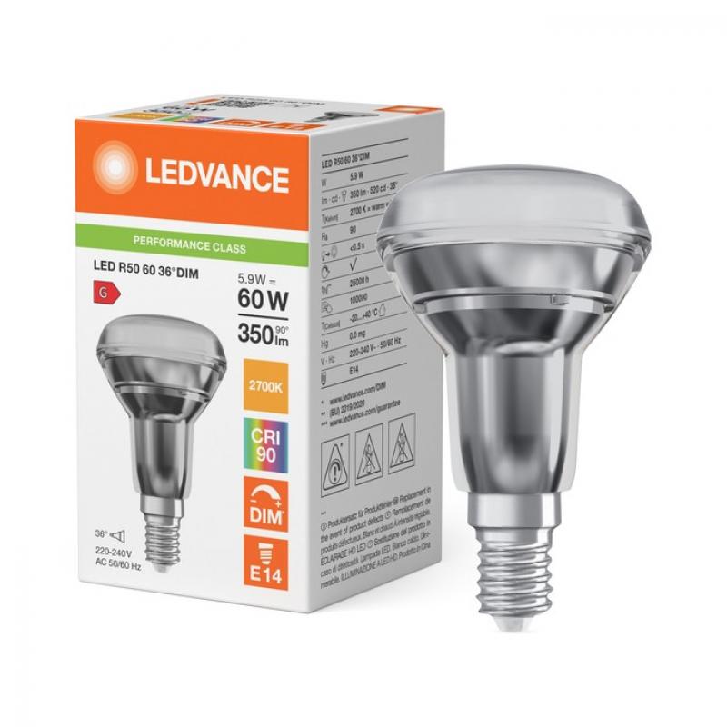 Ledvance E14 R50 Reflektorlampe 36° 5,9 wie 60W dimmbarer Strahler mit warmweißem Licht 2700K hohe Farbwiedergabe