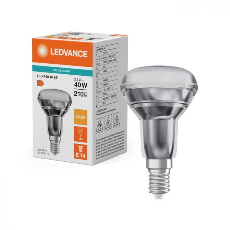 Ledvance E14 R50 Reflektorlampe 36° 2,6W wie 40W Strahler mit warmweißem Licht 2700K