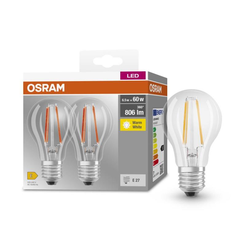DOPPELPACK sparsames Osram E27 LED BASE Filament Leuchtmittel Warmweißes Licht Filament 6,5W wie 60W, EEK: E (Spektrum: A bis G)