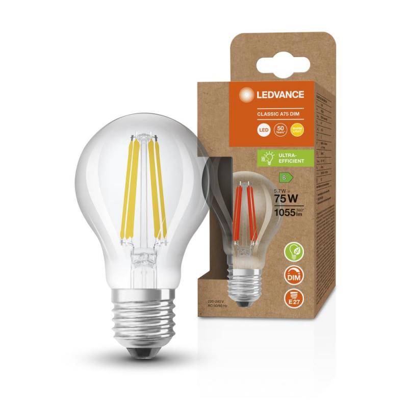 Ledvance E27 Sehr effiziente dimmbare LED Lampe Classic klar 5,7W wie 75W 2700K warmweißes Licht, EEK: B (Spektrum: A bis G)