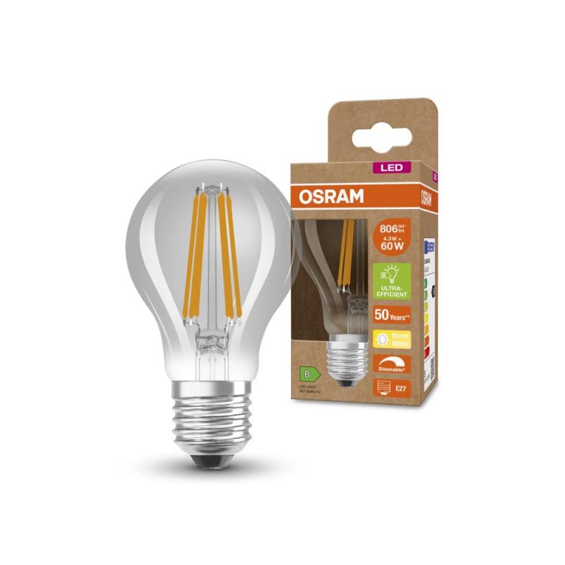 OSRAM E27 SUPERSTAR+ CLASSIC besonders effiziente LED Lampe dimmbar 4,3W wie 60W 2700K warmweißes Licht, EEK: B (Spektrum: A bis G)