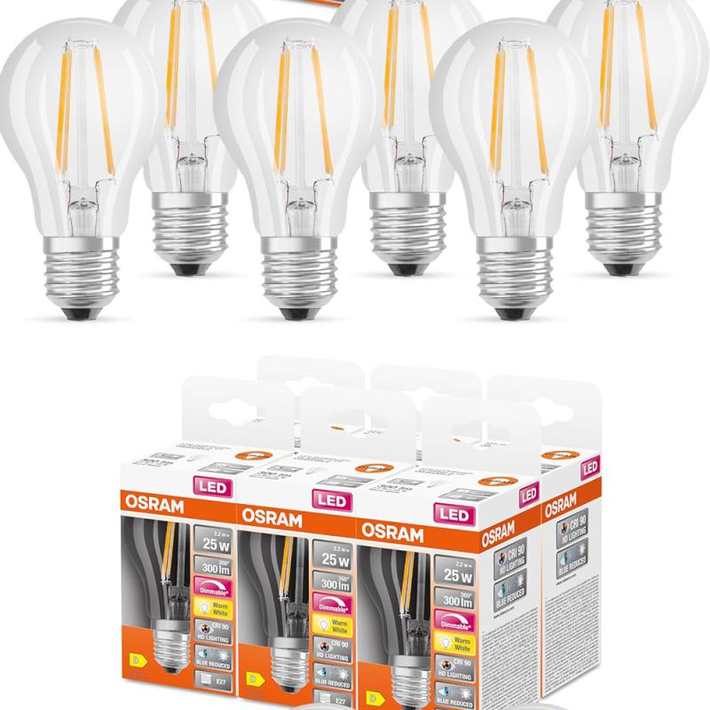 6er Pack Osram E27 SUPERSTAR+ CLASSIC LED Lampen dimmbar 2,2W wie 25W 2700K warmweißes Licht hervorragende Farbwiedergabe CRI > 90