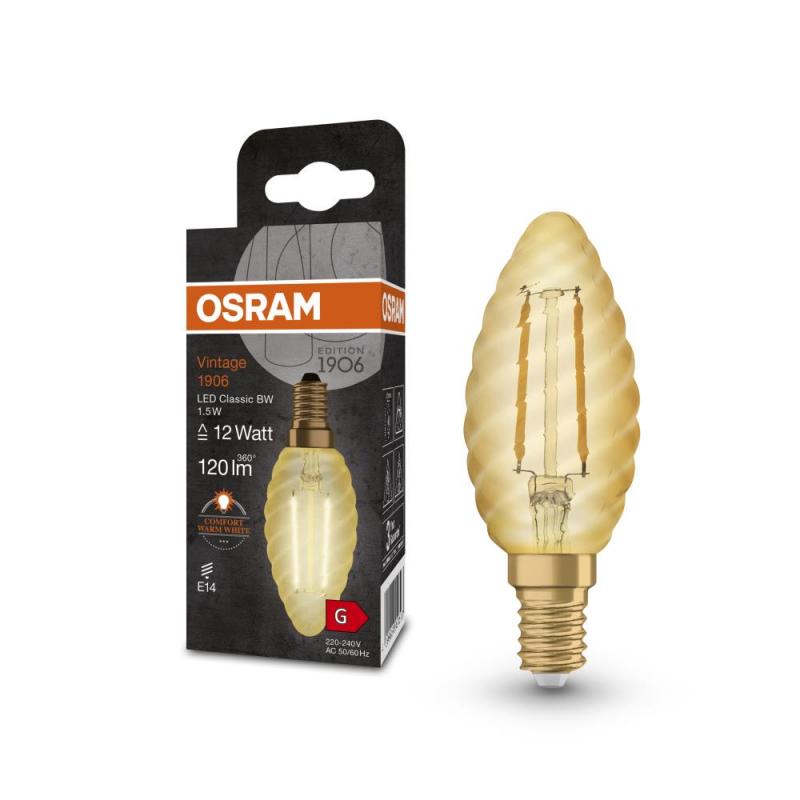 Osram E14 LED Kerzenlampe Classic VINTAGE 1906 gedrehte Form 1,5W wie 12W 2400K extra warmweißes Licht, EEK: G (Spektrum: A bis G)