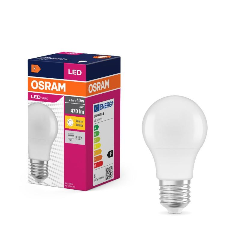 Osram E27 LED Lampe Value Classic A 40 4,9W wie 40W Warmweißes Licht blendfreie weiß mattierte Glühbirne, EEK: F (Spektrum: A bis G)