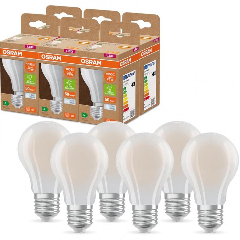 6er Sparset OSRAM E27 besonders effiziente LED Lampe 5W wie 75W 4000K neutralweißes Licht matt - beste Energie Effizienz Klasse