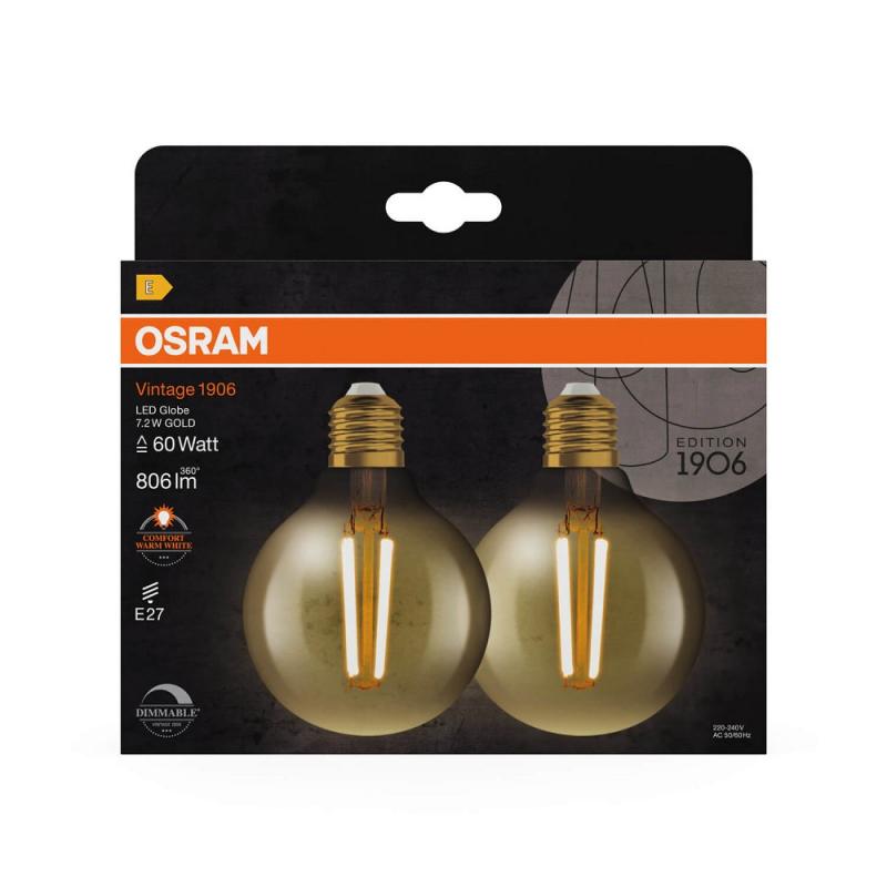 2er Pack OSRAM E27 Lampe Vintage 1906 LED Globe 80 DIMMABLE 7,2W 2400K Gold