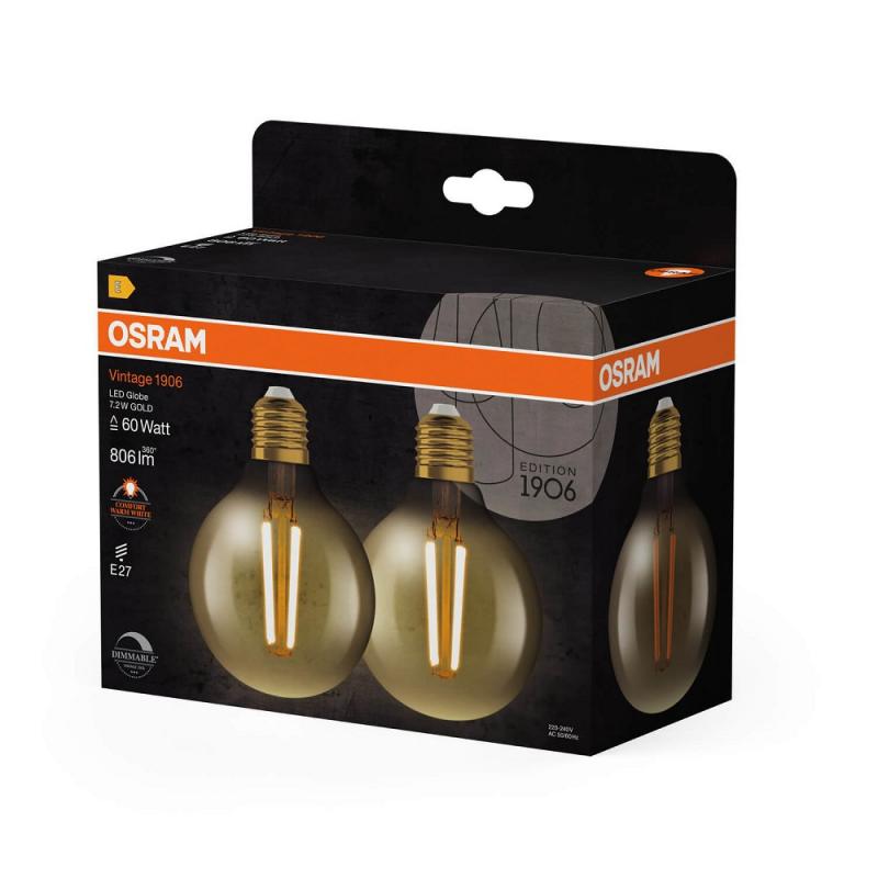 2er Pack OSRAM E27 Lampe Vintage 1906 LED Globe 80 DIMMABLE 7,2W 2400K Gold