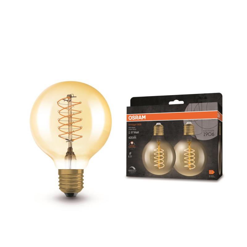 2er Pack OSRAM E27 LED VINTAGE Glühlampe EDISON Globe 80 GOLD dimmbar 4,8W wie 37W extra warmweißes gemütliches Licht