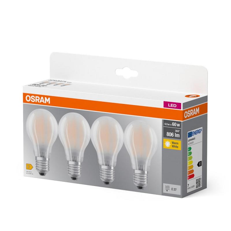 4er-Pack Osram E27 LED Lampen in Glühlampenform matt 6,5W wie 60W 2700K warmweißes Licht