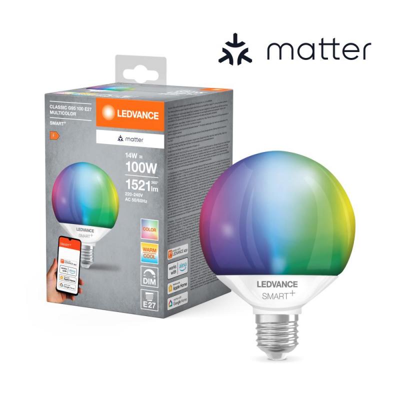 Ledvance E27 SMART+ MATTER Globe 95 LED-Lampe, kompatibel mit Google, Alexa, Apple Multicolor 2700-6500K, EEK: F (Spektrum: A bis G)