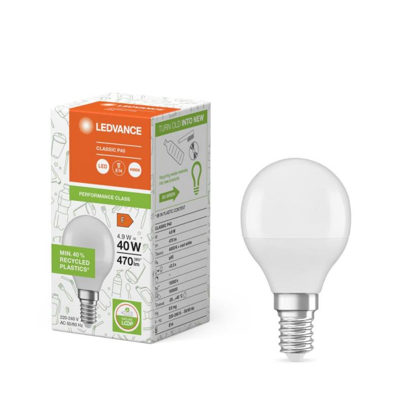 Ledvance E14 LED Lampe Recycled Plastic 4,9W wie 40W warmweißes Licht 2700K - weiß mattierte Glühbirne, EEK: F (Spektrum: A bis G)