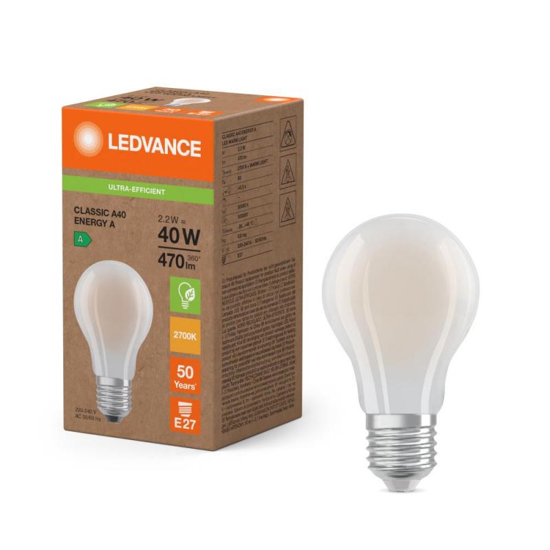 Ledvance E27 Besonders effiziente LED Lampe Classic matt 2,2W wie 40W 2700K warmweißes Licht, EEK: A (Spektrum: A bis G)
