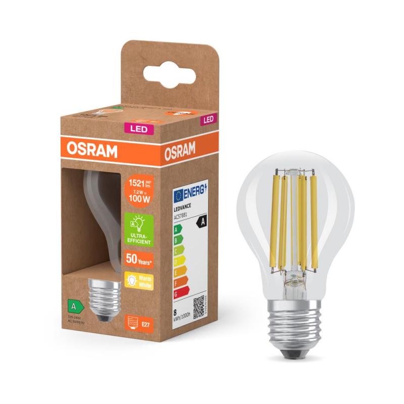 OSRAM E27 LED Lampe Classic Filament 7,2W wie 100W warmweißes Licht 2700K - Energy efficiency class A, EEK: A (Spektrum: A bis G)