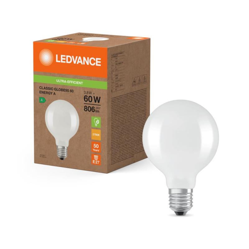 Ledvance E27 Besonders Effiziente LED Kugellampe Globe 95 Classic 3,8W wie 60W 2700K warmweißes Licht, EEK: A (Spektrum: A bis G)