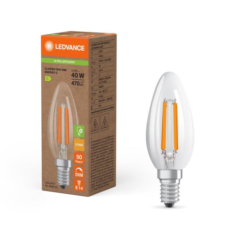 Ledvance E14 Effiziente dimmbare LED Kerzenlampe Classic klar 2,9W wie 40W 2700K warmweißes Licht, EEK: C (Spektrum: A bis G)