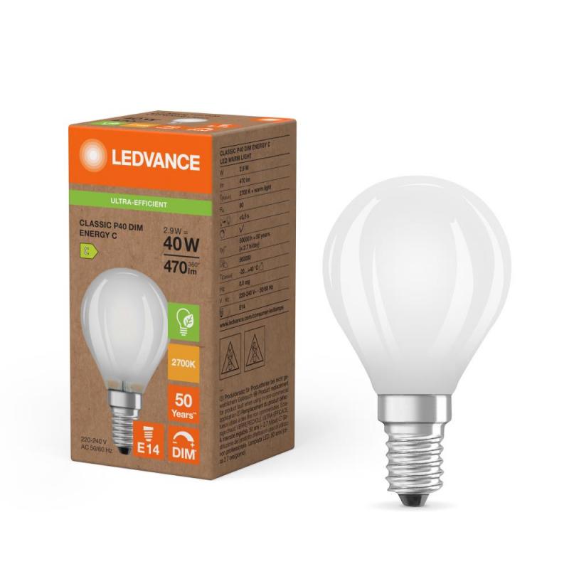 Ledvance E14 Effiziente dimmbare LED Lampe Classic matt 2,9W wie 40W 2700K warmweißes Licht, EEK: C (Spektrum: A bis G)