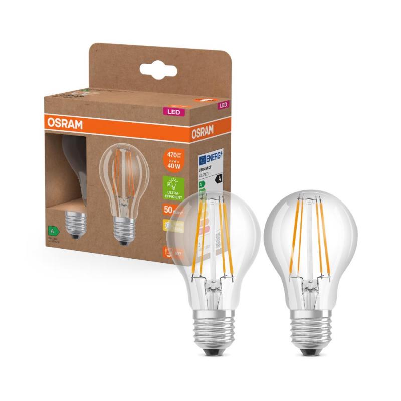 2er OSRAM E27 LED Lampe Classic Filament 2,2W wie 40W warmweißes Licht 2700K - Energy efficiency class A - besonders effizient, EEK: A (Spektrum: A