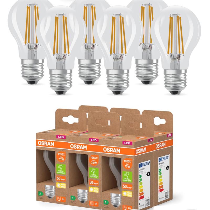 6er Set OSRAM E27 LED Lampen Classic klar 5W wie 75W warmweißes Licht 2700K - Energy efficiency class A - besonders effizient