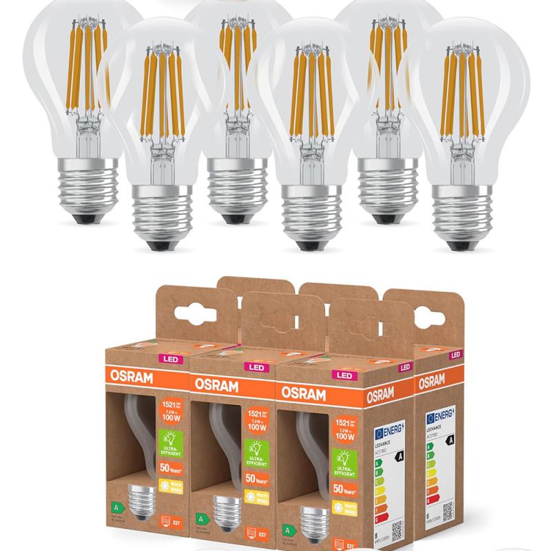 6er Set OSRAM E27 LED Lampen Classic Filament 7,2W wie 100W warmweißes Licht 2700K - Energy efficiency class A
