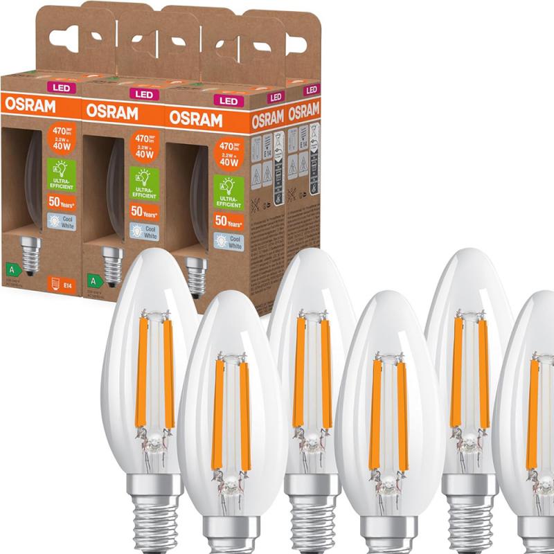 6er Osram E14 LED Kerzenlampen CLASSIC besonders effizient klar 2,2W wie 40W 4000K neutralweißem Licht - Sehr gute Energieeffizienz