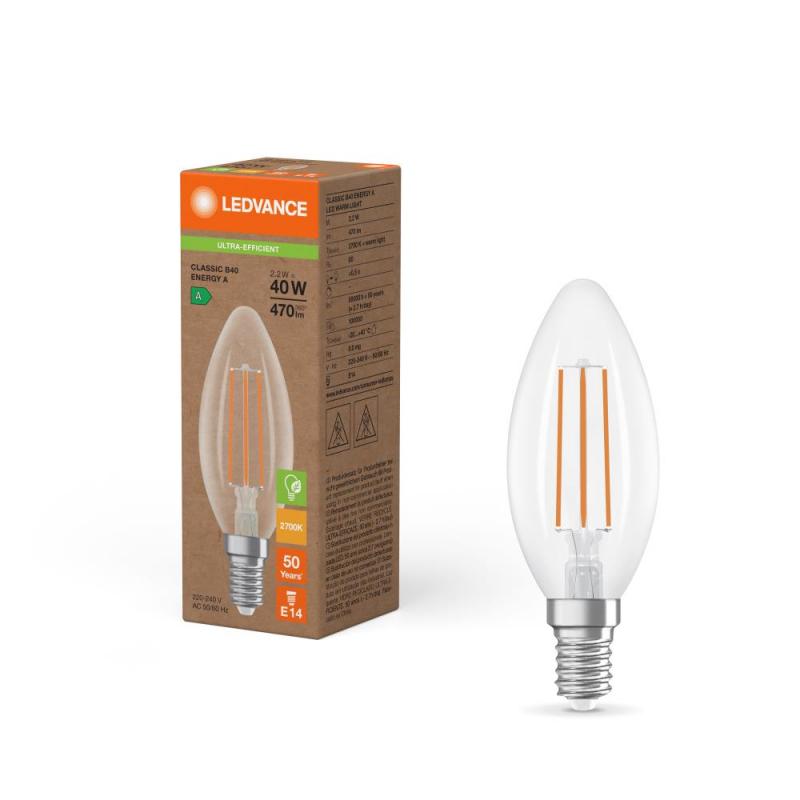 Ledvance E14 LED Kerzen Lampe klar Energy Efficiency Class A 2,2W wie 40W 2700K warmweißes Licht - besonders effizient/sparsam, EEK: A (Spektrum: A