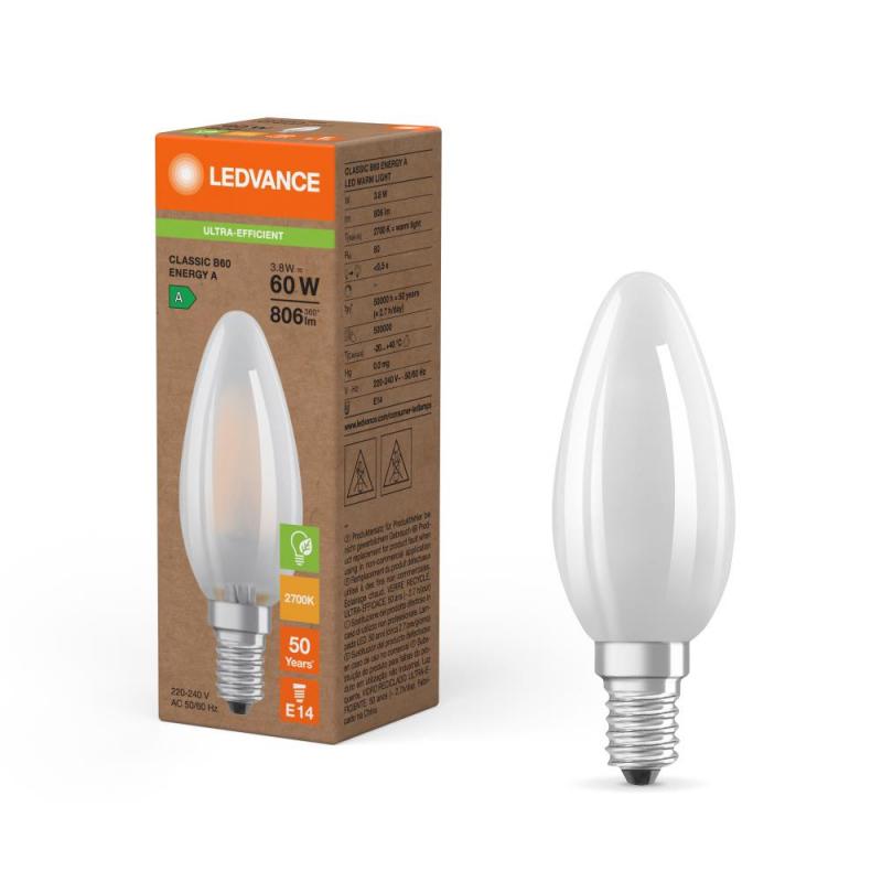 Ledvance E14 LED Kerzen Lampe matt Energy Efficiency Class A 3,8W wie 60W 2700K warmweißes Licht - besonders effizient/sparsam, EEK: A (Spektrum: A