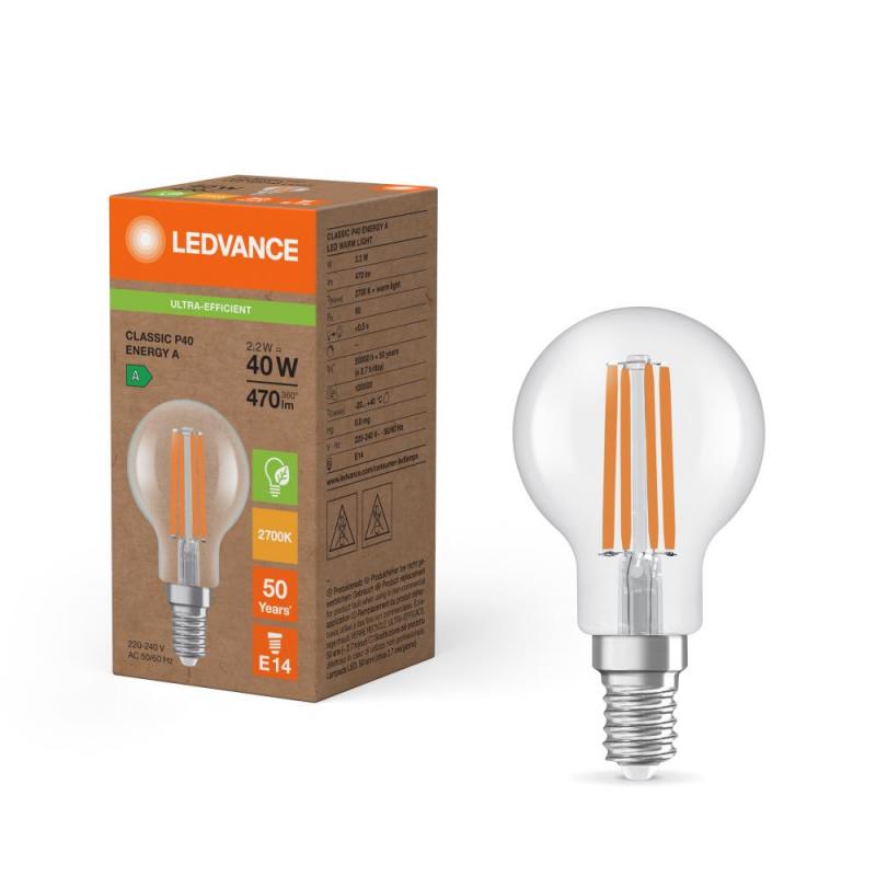 Ledvance E14 LED Tropfen Lampe klar Energy efficiency class A 2,2W wie 40W 2700K warmweiß, EEK: A (Spektrum: A bis G)